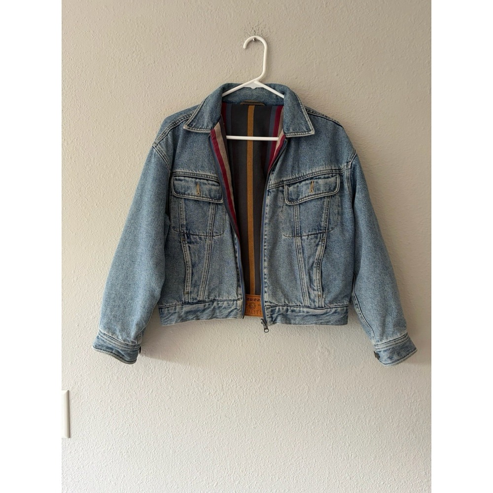 Vintage Lizwear Denim Jacket Lined Striped 80s Blue Medium Zip Up